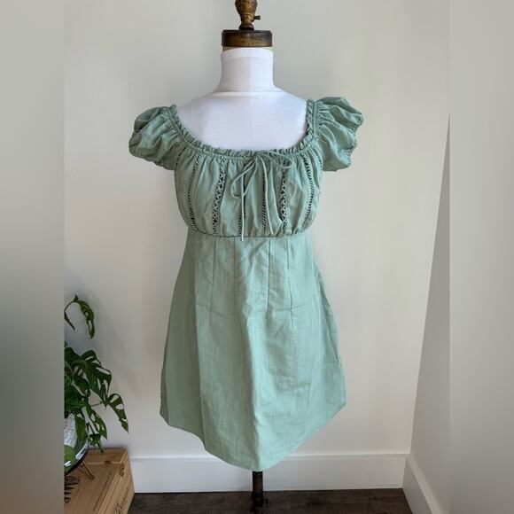 Lulus Wisteria Sage Green Embroidered Off-the-shoulder Mini Dress - Size S - Picture 5 of 6
